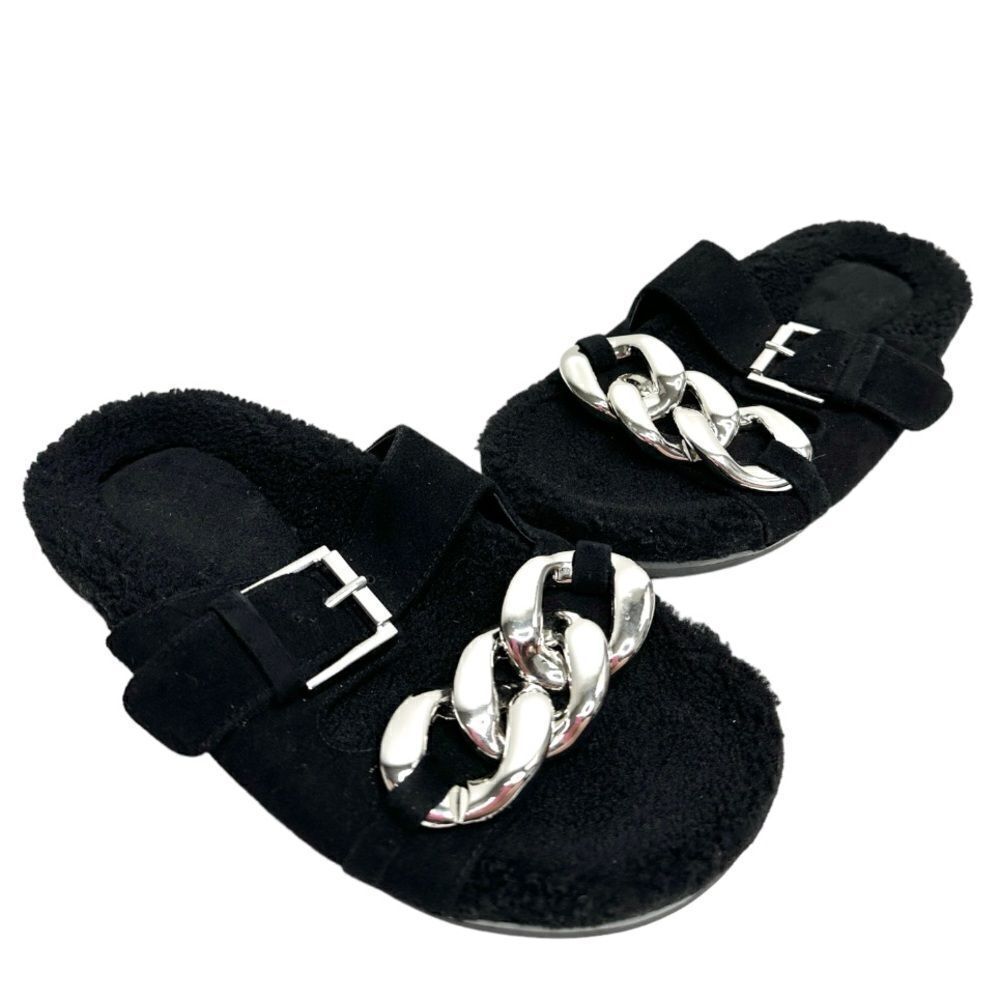 Marc Fisher Sandals Womens Size 6 Leather‎ Black Fresno Shearling Sherpa Slides